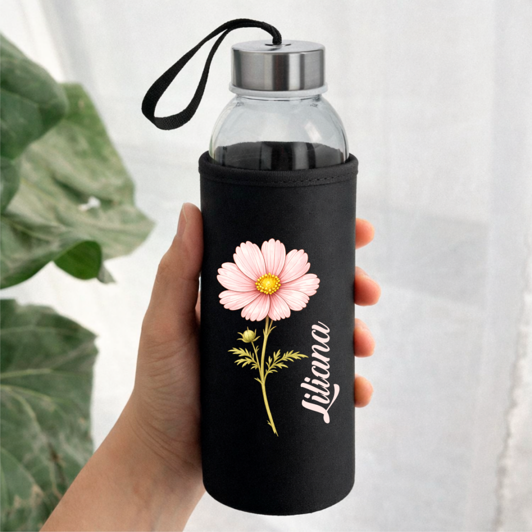 Sticlă cu husă personalizată cu floare și nume